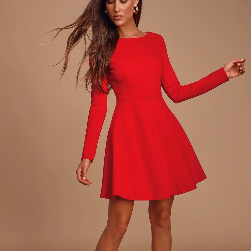 Lulu's Red Long Sleeve Fit-and-Flare Dress